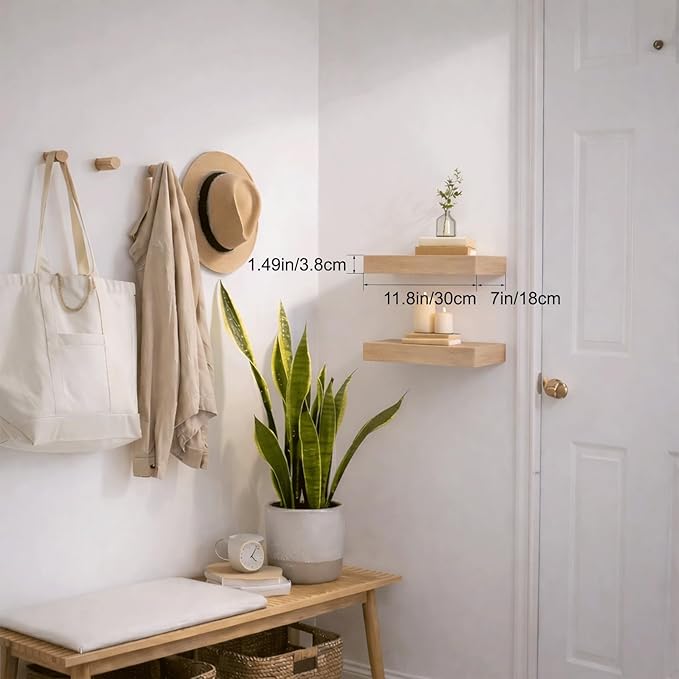 Bathroom Floating Shelves for Wall, Oak Small 11.8" Floating Shelf for Storage, Display and Farmhouse Rustic Home Decor, Perfect Over Toilet for Bedroom, Kitchen or Living Room, 2-Pack