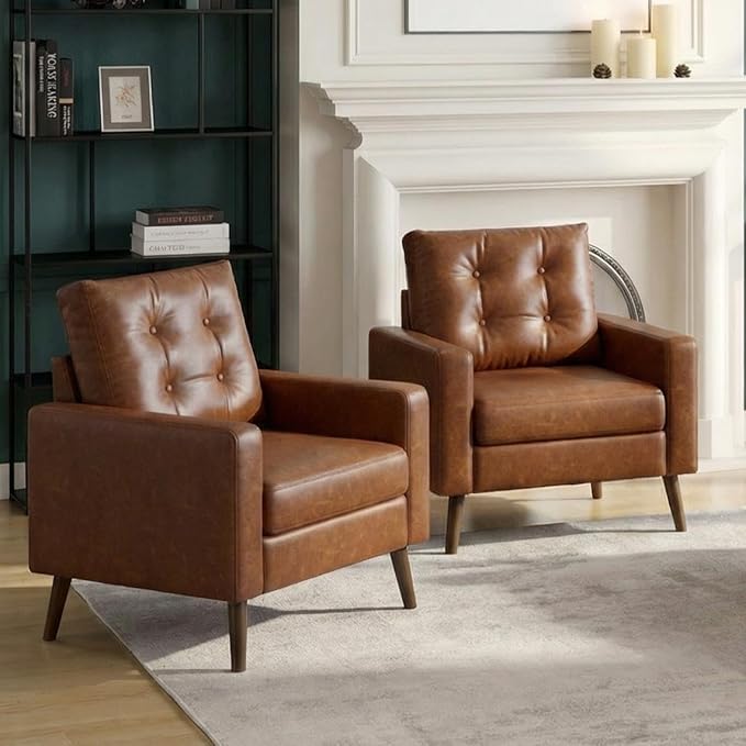 Wahson Accent Chairs Set of 2, Faux Leather Tufted Single Sofa, Brown Oversized Club Chair, Mid Century Modern Armchair with Wood Legs for Reading/Living Room/Bedroom
