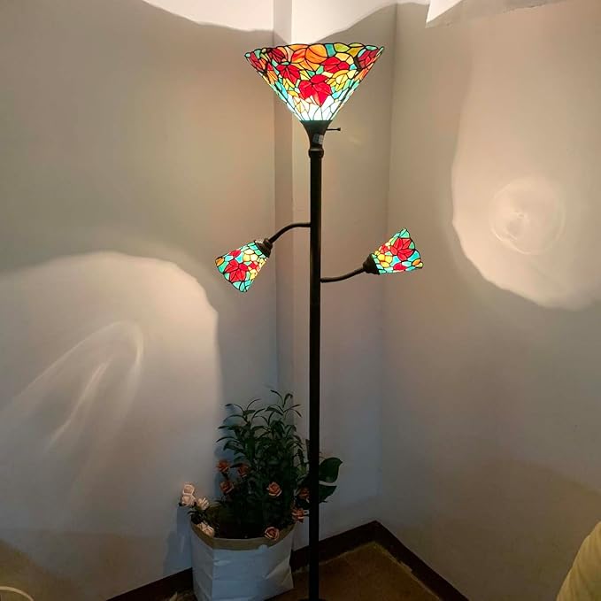 Bieye L10884 Maple Tree Leaves Tiffany Style Stained Glass Torchiere Floor Lamp with Sidelights for Reading Home Decor, 70-inches Tall (Maple Leaf, Red)