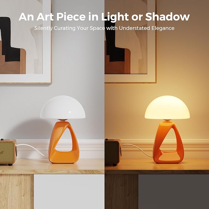 Mushroom Lamp, Small Table Lamp for Bedroom, Creative Geometric Ceramic Base Bedside Lamp, Mid Century Modern Side Table Lamp for Living Room Nightstand, Unique Aesthetic Home Decor Gift Ideas, Orange