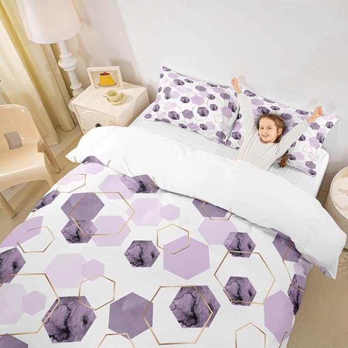 Erosebridal Lavender Purple Modern Duvet Cover King - Marble Grain Geometric Bedding, Fresh Abstract Geometric Art Bed Set for Boys Girls Watercolor Hexagon Bed Cover with 2 Pillowcases