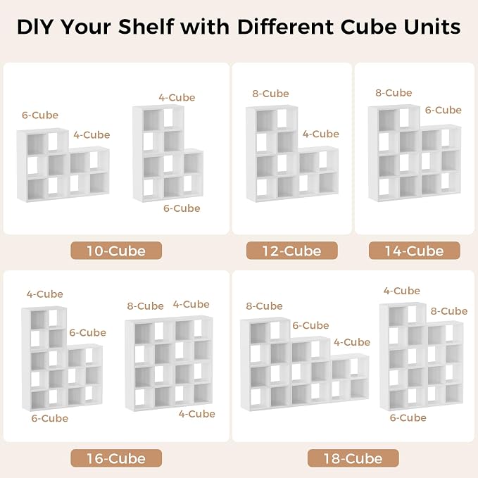 LUCKLIFE 8-Cube Storage Organizer, Stackable Modular Bookcase Shelf with Vertical or Horizontal Use, Fits 11×11" Bins, Optional Back Panels, for Living Room, Office, White