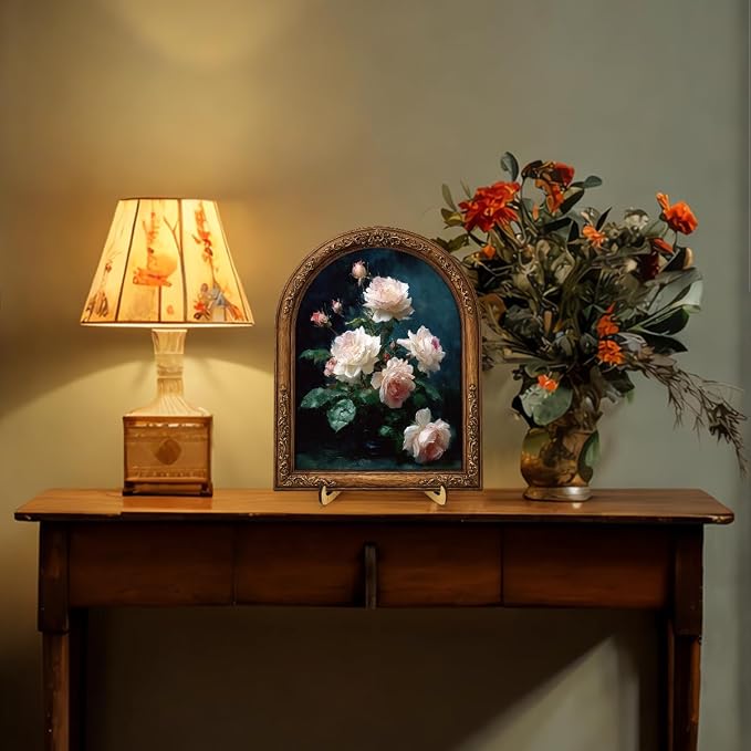 Moody Floral Wall Art Sign for Gothic Home Decor, Vintage Rose Arch Wood Block Sign, Dark Academia Desk & Shelf Decor, 8x10 Inch