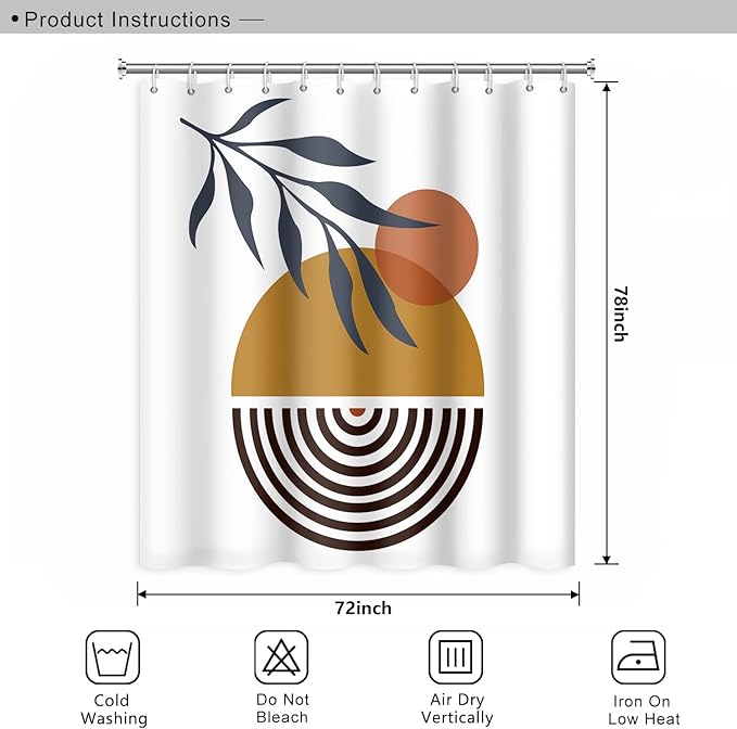 Mid Century Bohemian Bathroom Shower Curtain Abstract Circle Eucalyptus Leaves Sun Boho Shower Curtain with Hooks Waterproof Fabric Polyester Shower Curtain Aesthetics Home Decor, 72x78 Inch