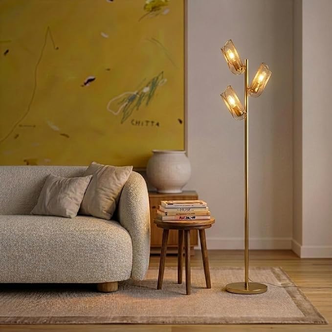 Brightech Lyra LED Tree Floor Lamp for Mid-Century Modern, Contemporary, Industrial Décor, 3 Light Head Standing Lamp with Metal Cage Shade, Standing Pole Tall Lamp for Living Room, Bedroom - Brass