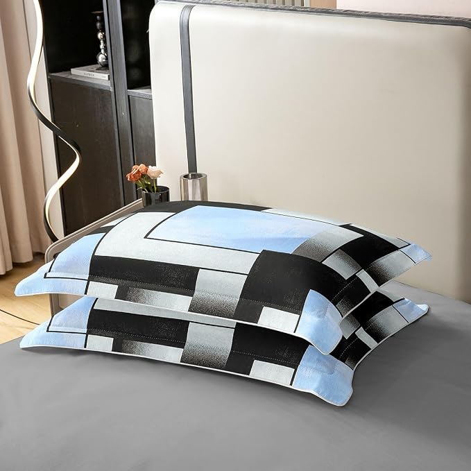 Erosebridal Blue Black Grey Bedding Set Twin Square Geometric 100% Cotton Duvet Cover Abstract Grid Patchwork Comforter Cover for Kids Teens Adults Contemporary Mid Century Bed Set 2 Pcs
