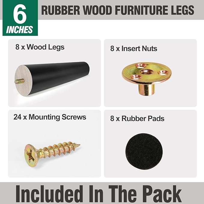 FoDau770 Black Rubber Wood Furniture Legs 6 Inches, Straight Tapered Wood Feet Mid Century Sofa Legs Set of 8, 5/16" UNC Furniture Feet for Cabinet Couch Dresser Chair Ottoman Table