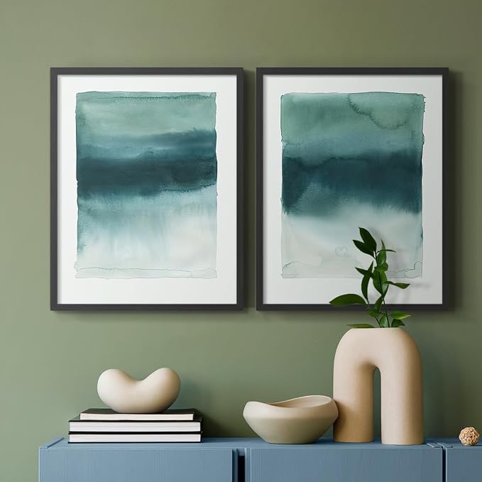 Renditions Gallery Set of 2 Peel & Stick Framed Prints, Tie Dye Abstract Wall Art, Sage Green Watercolor Horizon Wall Decor, Re-Stickable - Ready to Hang - 8"x10" - Black Frame LT588