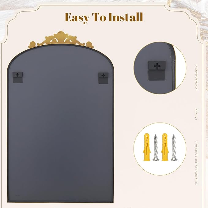 VooBang 26x38 inch Vintage Arched Bathroom Mirror - Gorgeous Wall Vanity Mirror with Beautiful Retro Top and Bottom Engraving Process Frame for Entryway Hallway Living Room, Gold