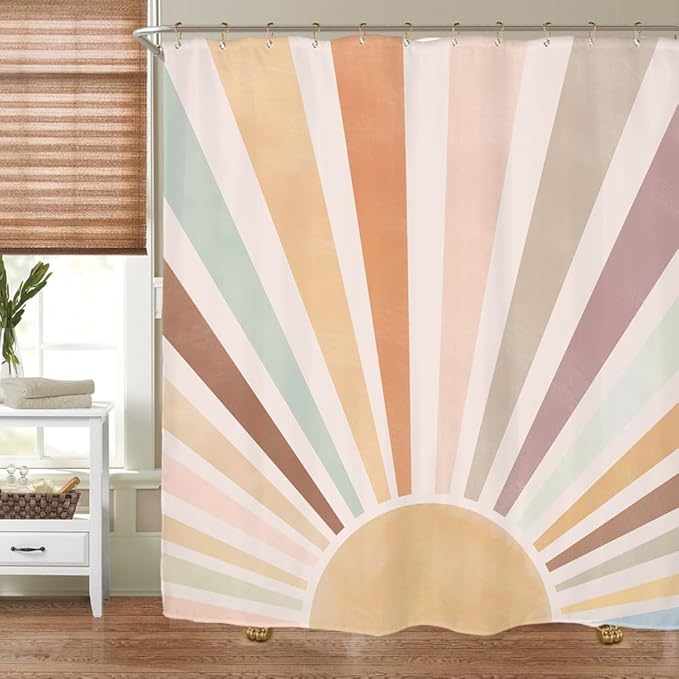 Miyotaa Pastel Sun Rainbow Retro Shower Curtain Set 60Wx71H Inches Minimalist Art Girls Abstract Colorful Aesthetic Vintage Polyester Waterproof Cloth Bathroom Curtain with 12 Hooks