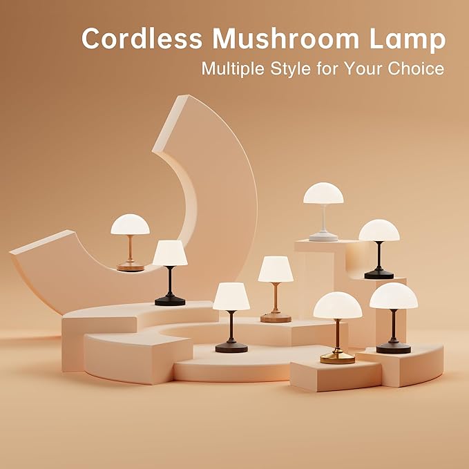 Mushroom Lamp Cordless Lamp Table Lamp,Outdoor Waterproof Shower Lamps,5000mAh Rechargeble Battery Operated Dimmable Touch Desk Lamps,LED Night Light for Bathroom Patio Camping Outdoor(White)