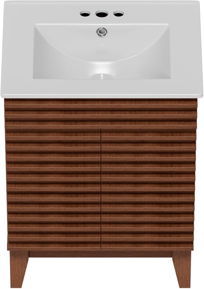ROOMTEC 24" Walnut Modern Freestanding Bathroom Vanity Sink with Storage, 2 Levels, 2 Compartments, Undermount Ceramic Sink