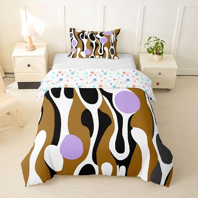 Erosebridal Organic Abstract Duvet Cover Set Modern Contemporary Girl Toddler Bedding Set for Kids Boys Boho Mid Century Wavy Lines Comforter Cover Retro Geometric Bed Sets,Brown Lavender