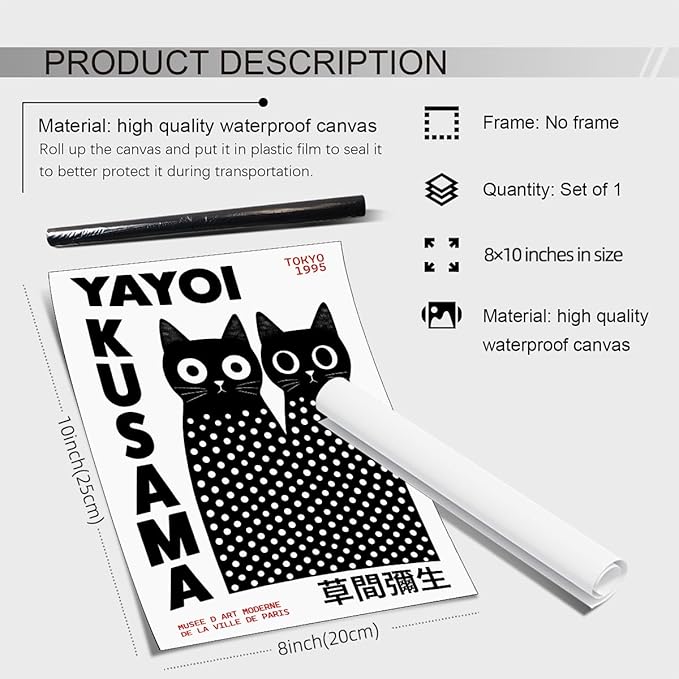 EOLRCIG Black and White Cute Abstract Cat Wall Art Japanese Yayoi Kusama Canvas Poster Modern Fashion Minimalist Painting for Living Room Wall Decor 08x10 inch Unframed Cat Lover Gifts