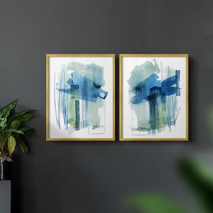 Renditions Gallery Set of 2 Peel & Stick Framed Prints, Modern Abstract Wall Art, Blue and Neutral Bold Brushstrokes Wall Decor, Re-Stickable - Ready to Hang - 16"x20" - GOLD Frame LT588