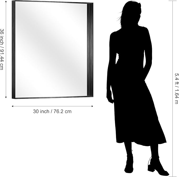 CIRCUMI Black Bathroom Mirror, 30"x36" Rectangular Mirror with Deep Metal Frame, Brushed Finish, Tempered Glass, Mirror for Wall, Oversink, Bedroom, Installed Vertically/Horizontally, Crystal-Clear