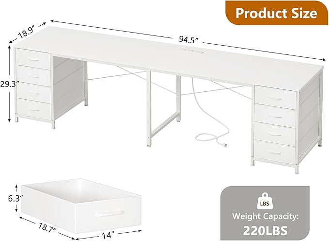 YOMILUVE 95'' Two Person Desk with 8 Drawers, Long Computer Desk with Charging Station, 2 Person Desks Double Desk Writing Study Table for Home Office, White