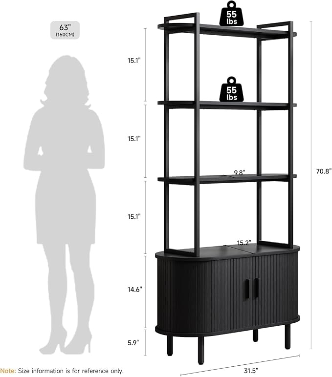 ONBRILL 71" Tall Bookshelf, 4-Tier Book Shelf with Storage Cabinet, Modern Bookcase with Sliding Door and Adjustable Footpad, Freestanding Storage Organizer Bookshelf for Living Room, Bedroom, Black