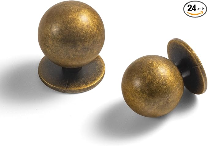 Set of 24 -Sleek Round Antique Brass Cabinet Knobs - Retro and Minimalist Hardware for Stylish Home Enhancement - 1 1/8 Inch Diameter