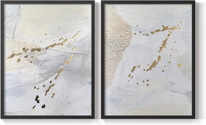 Renditions Gallery Set of 2 Peel & Stick Framed Prints, Modern Abstract Wall Art, Gold Sprinkle Oil Painting Wall Decor, Re-Stickable - Ready to Hang - 22"x28" - Black Frame LT588
