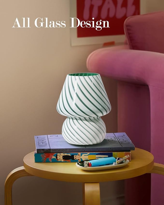 ONEWISH Mushroom Lamp - Small Table Lamp with Striped Glass, Nightstand Lamp for Bedroom, Living Room, Cafe, Office, Bulb Included, for Girls Women Birthday Christmas Thanksgiving, Sage Green