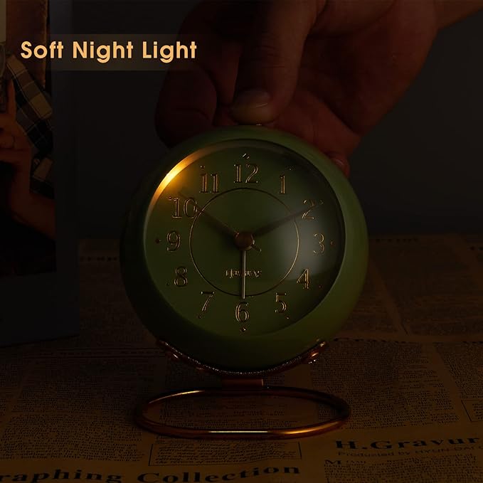rjuwurv Metal Desk Clock, Retro Bedroom Table Vintage Analog Alarm Clock, Silent Non-Ticking Gold Clock, Bedside Décor(Olive-Green)