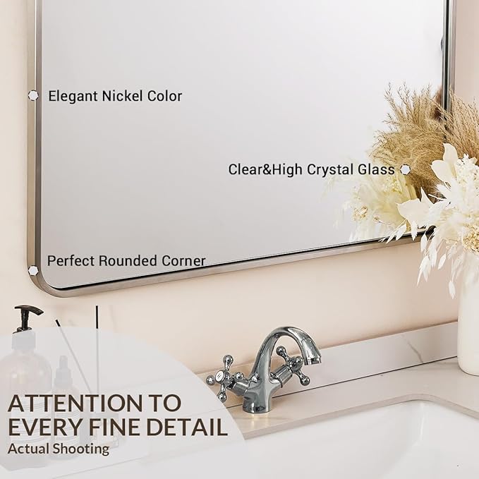 ANDY STAR 30x40’’ Brushed Nickel Arched Mirror, Brushed Silver Arched Bathroom Mirror, Arched Vanity Mirror for Wall, SUS304-Anti-Rust, Tube Frame, Wall-Mounted Vertical 1’’ Deep