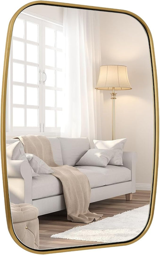ANDY STAR Brushed Gold Oval Bathroom Mirror, 28x36 Inch Brass Oblong Mirrors for Wall, Modern Vanity Mirror in Stainless Steel Metal Tube Frame, Wall Mount Horizontal or Vertical