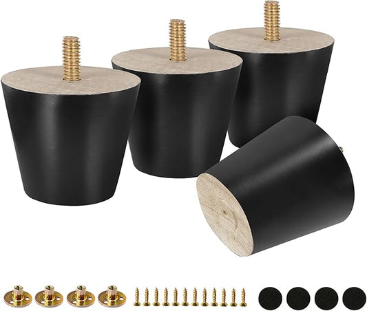 FoDau770 Black Rubber Wood Furniture Legs 2 Inches, Straight Tapered Wood Feet Mid Century Sofa Legs Set of 4, 5/16" UNC Furniture Feet for Cabinet Couch Dresser Chair Ottoman Table