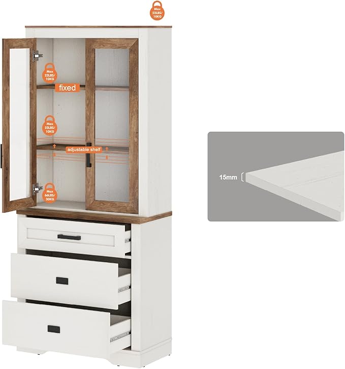 WAMPAT 73.3" Tall Bookcase with Glass Door, 31.5" Wide Rustic Wood Bookshelves with Chest of Drawers, Modern Farmhouse Display Storage Cabinet with Adjustable Shelves for Home,Office,White&Oak