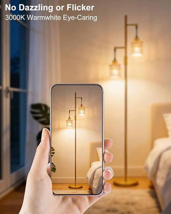 2-Light Glass Floor Lamp, 65IN Tall Standing Lamps Dimmable with Amber Glass Lampshade, 3000K Warmwhite Mid Century Modern Floor Lamp with 5Lbs Heavy Base for Living Room/Bedroom