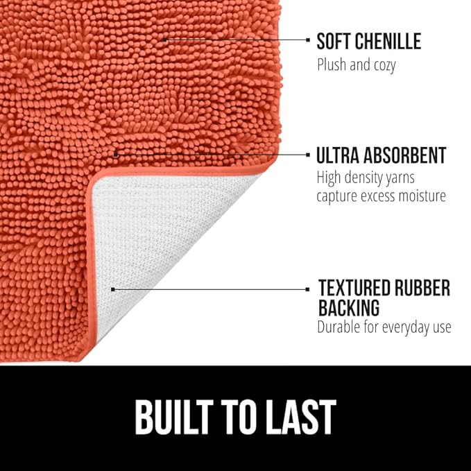 GORILLA GRIP Plush Absorbent Shaggy Chenille Bath Rug Mat for Oval Toilet Base with Rubber Backing, Machine Washable Rugs, Soft Microfiber Contour Mats for Toilets, Bathroom Decor, Coral