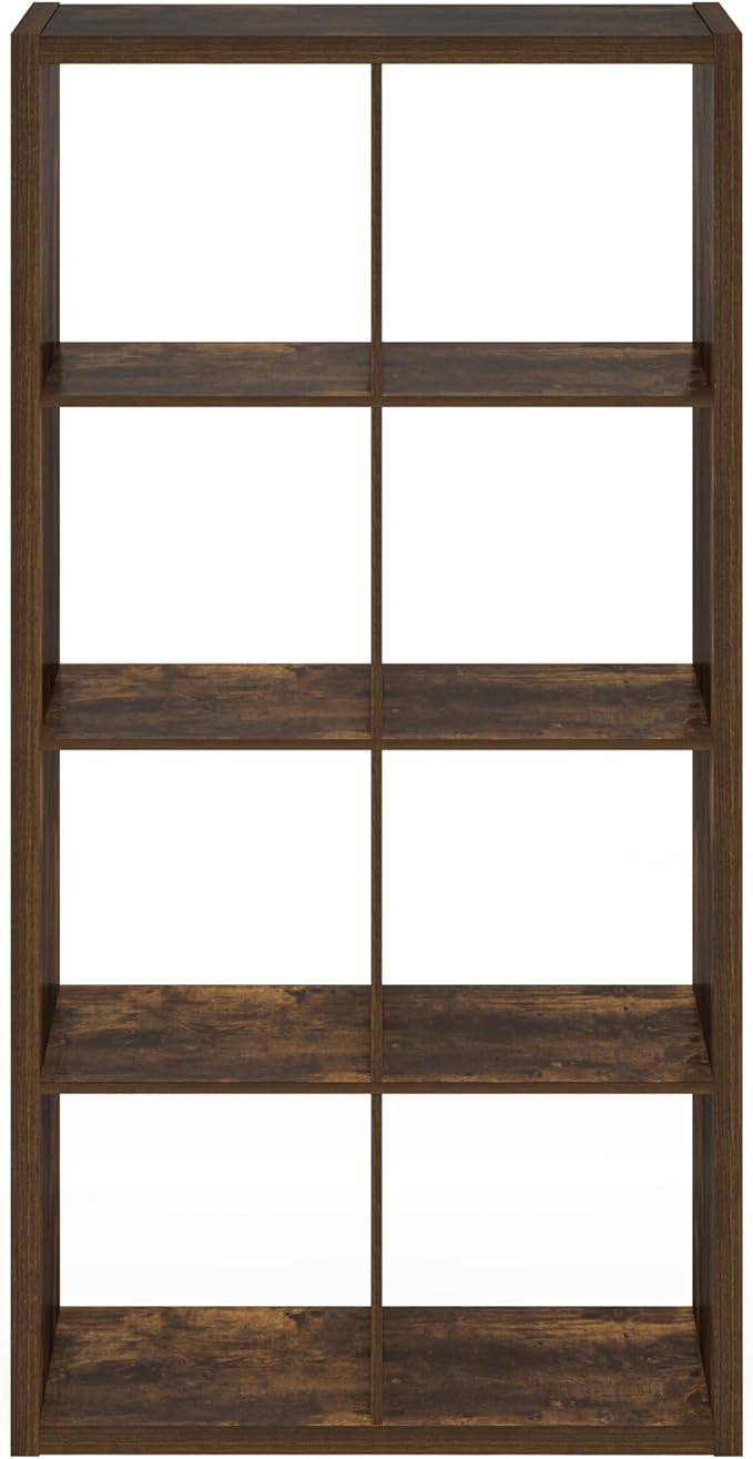 Furinno Cubicle Book Shelf, 8-Cube Bookshelf, Extra Thick Frame Horizontally & Vertically Reversible Bookcase with Open Back, 14.6" x 30" x 58", for Living Room, Bedroom, Home Office, Amber Pine