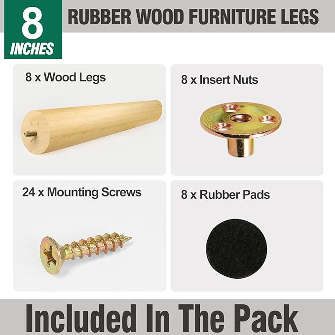 FoDau770 Rubber Wood Furniture Legs 8 Inches, Slant Tapered Wood Feet Mid Century Sofa Legs Set of 8, 5/16" UNC Furniture Feet Replacement Parts for Cabinet Couch Dresser Chair Ottoman Table