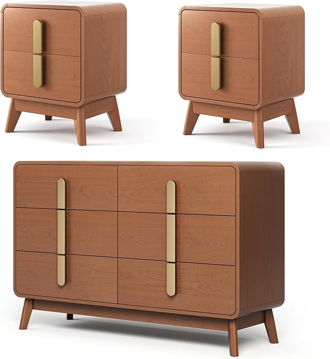 Night Stand Set 2, Mid Century Modern Bedside Table with Drawers, Curved Profile Design End Table with Metal Handle, Nightstand Set of 2 with Storage, Bed Side Tables for Bedroom, Cherry