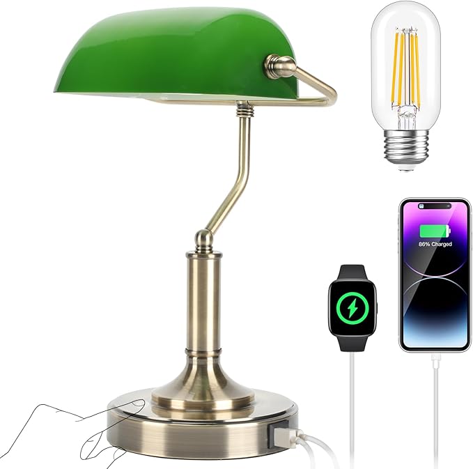 LINNMON Bankers Lamp, Green Desk Lamp with Touch Control Switch, Retro Lamp with USB and Type C Charging Ports, Vintage Lamp for Home Office, Piano, Library, LED Bulb Included (Vintage)