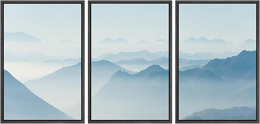 SIGNWIN 3 Piece Framed Canvas Wall Art Blue Sunset Canvas Prints Home Artwork Decoration for Living Room,Bedroom - 16"x24"x3 Black