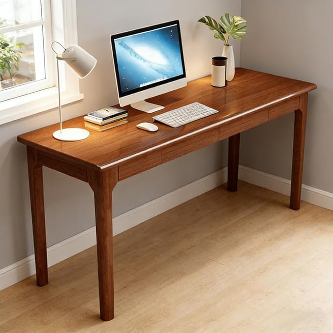 100% Solid Wood Desk, Rubberwood Office Desk with Drawers, Mid Century Modern Desk Table, Narrow Desk for Bedroom, Living Room & Office, Walnut Color,47.2 inch