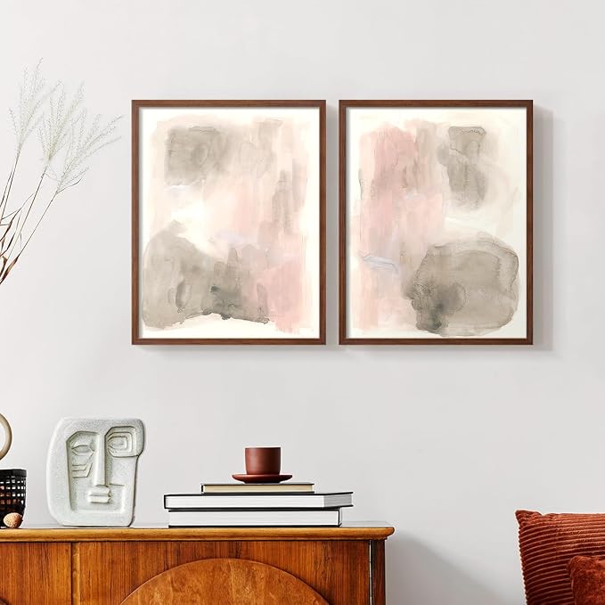 Renditions Gallery Set of 2 Peel & Stick Framed Prints, Watercolor Abstract Wall Art, Nude Color Neutral Aesthetic Wall Decor, Re-Stickable - Ready to Hang - 11"x14" - Walnut Frame LT588