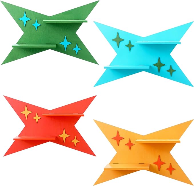 Threehoney Mid-Century Modern Wall Set of 4 Colorful Floating Display Shelves Retro Style Starburst Wall Mounted Shelves Storage for Bedroom, Living Room Decor(Four-Pointed Star)