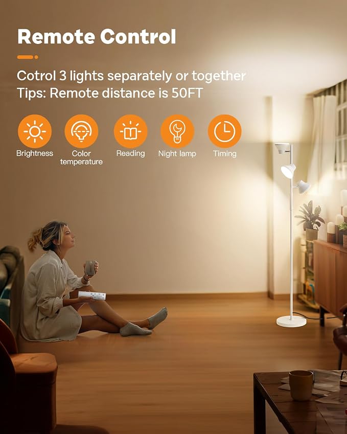 SIBRILLE LED Floor Lamp, 36W Modern Floor Lamp with Remote & Touch Control, 4 Color Temperatures, Standing Lamp with 3 Rotatable Lights, Floor Lamps for Living Room, Bedroom, Office