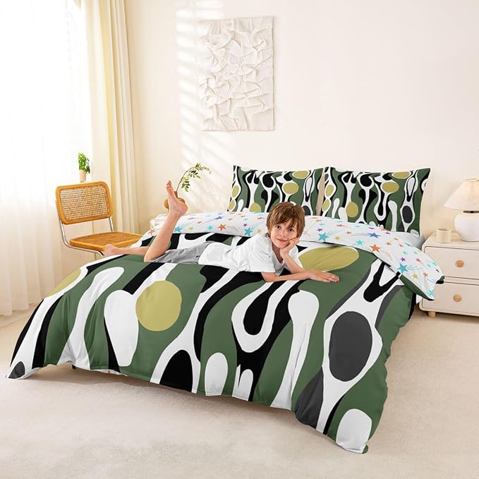 Erosebridal Organic Abstract Duvet Cover Set Modern Contemporary Full Size Bedding Sets for Tween Boys Girls Boho Mid Century Wavy Lines Comforter Cover Retro Geometric Bed Set,Olive Green Khaki