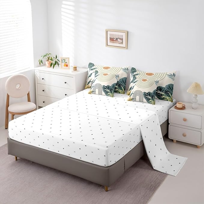 Erosebridal Mid Century Modern Twin Comforter Set with Sheets 7 Piece Boho Tropical Leaves Palm Leaf Bed in A Bag Retro Line Art Bedding Sets for Women Men Abstract Sun Aesthetic Arch Curve Bed Set