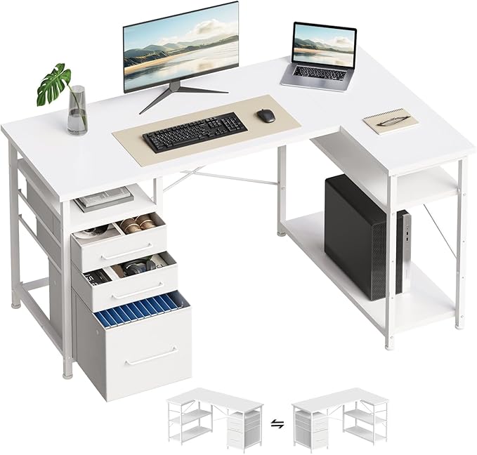 Maihail 47" Computer Desk with Drawers, Desks for Bedrooms, Writing Desk with Storage, Work Desk for Small Space, White