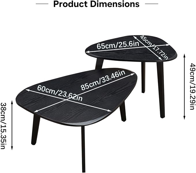 Nesting Coffee Table Set of 2-Mid Century Modern Wooden Coffee Table,Guitar Pick Stacking Tables with Solid Wood Legs,Small Coffee Tables for Small spaces,Living Room,Apartment,Balcony (Black)