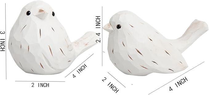 Handcrafted Farmhouse Bird Decor Figurines Set of 2 – Rustic White Carved Bird Statues for Home Decor, Cottage Chic Ornaments, Vintage Wood Sculptures, Spring Table Accents, Gift for Bird Lovers