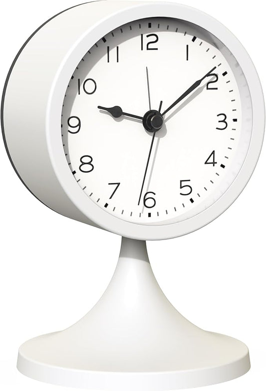 AYRELY® 3" Cute Analog Alarm Clock,Small Retro Table Clock Battery Operated,Slient Metal Desk Clock with Light for Living Room Decor,Bedroom,Bedside,Shelf (White)