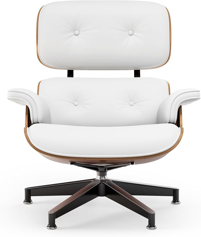 Top White PU Leather, Mid Century Chaise Lounge Chair and Ottoman, Modern Chair Classic Design, Palisander Wood, Heavy Duty Base Support for Living Room Office