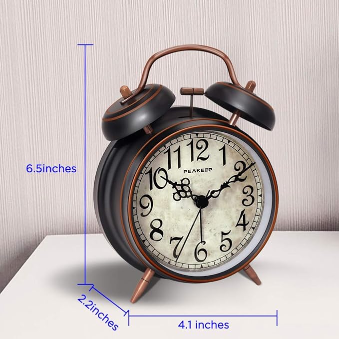 Peakeep Retro 4.5 inches Battery Operated Twin Bell Loud Alarm Clock (Black with Arabic)