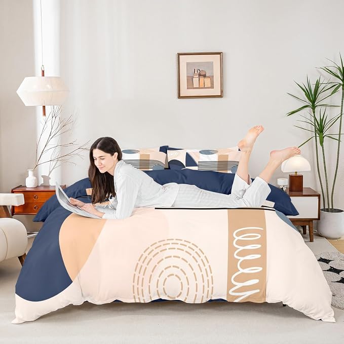 Erosebridal Navy Blue Abstract Duvet Cover Full Size for Kids Teens Girls | Colorful Geometric Comforter Cover Minimalist Circle Modern Bedding Set Boho Contemporary Aesthetic Bed Set